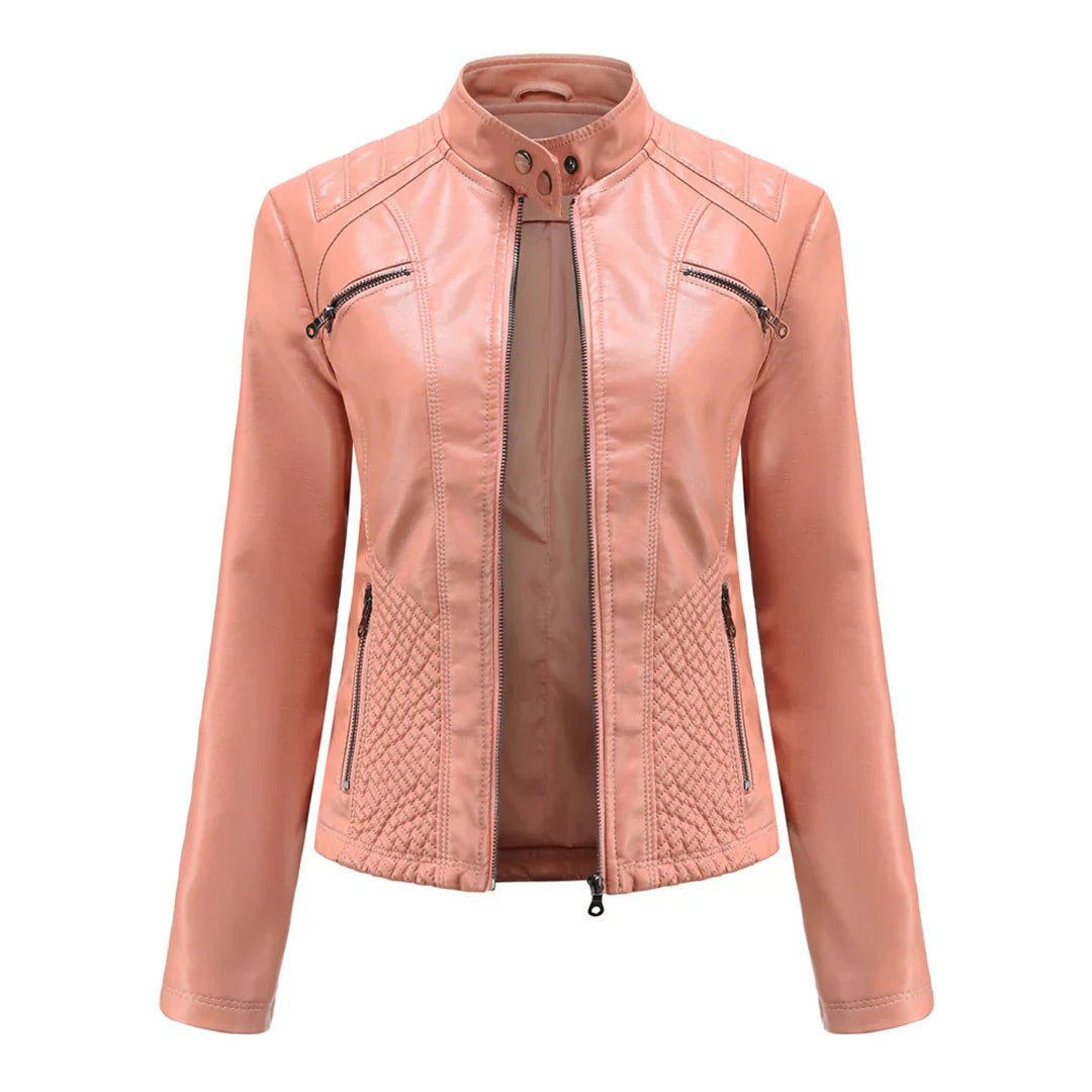 Stylish women's jacket in faux leather with classic biker design