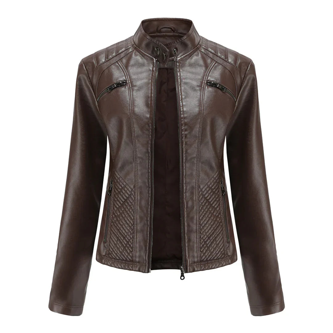 Stylish women's jacket in faux leather with classic biker design