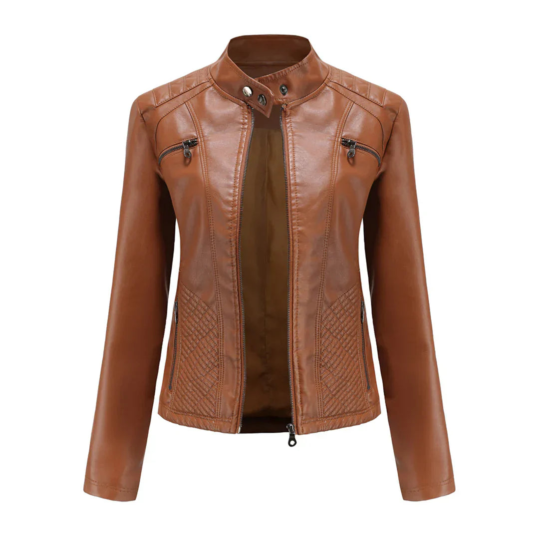 Stylish women's jacket in faux leather with classic biker design