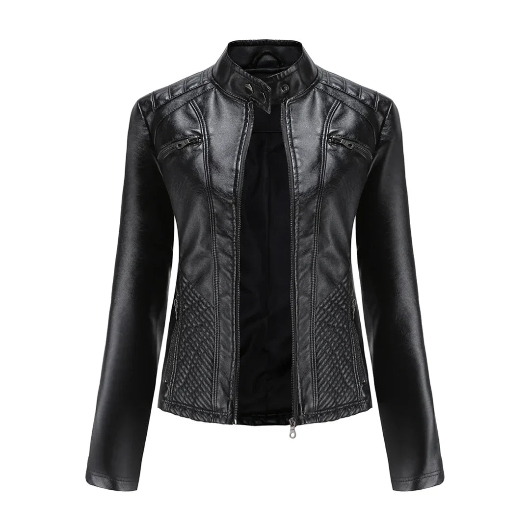 Stylish women's jacket in faux leather with classic biker design