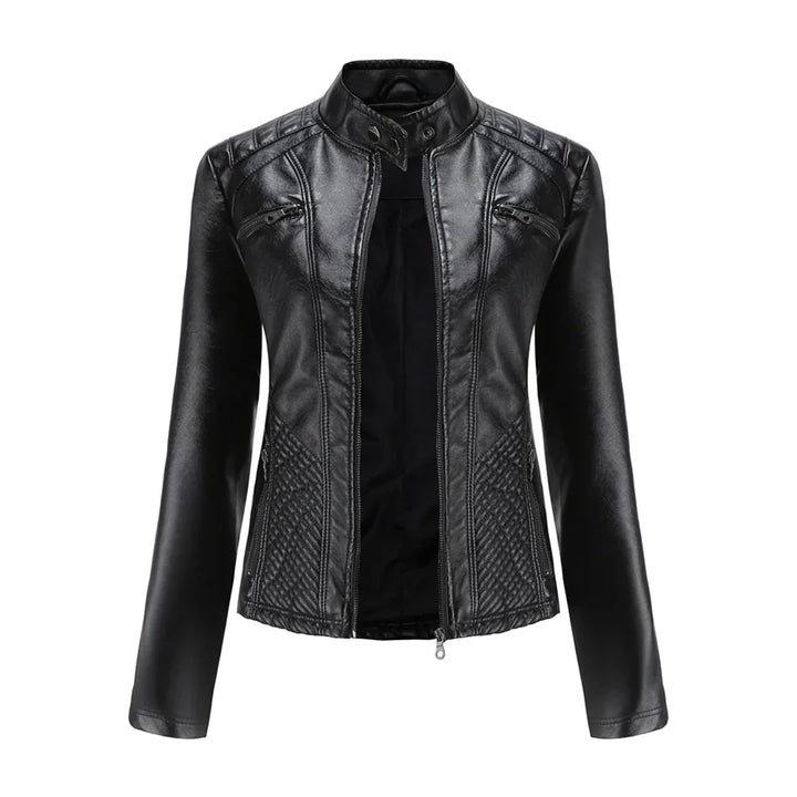 Stylish women's jacket in faux leather with classic biker design