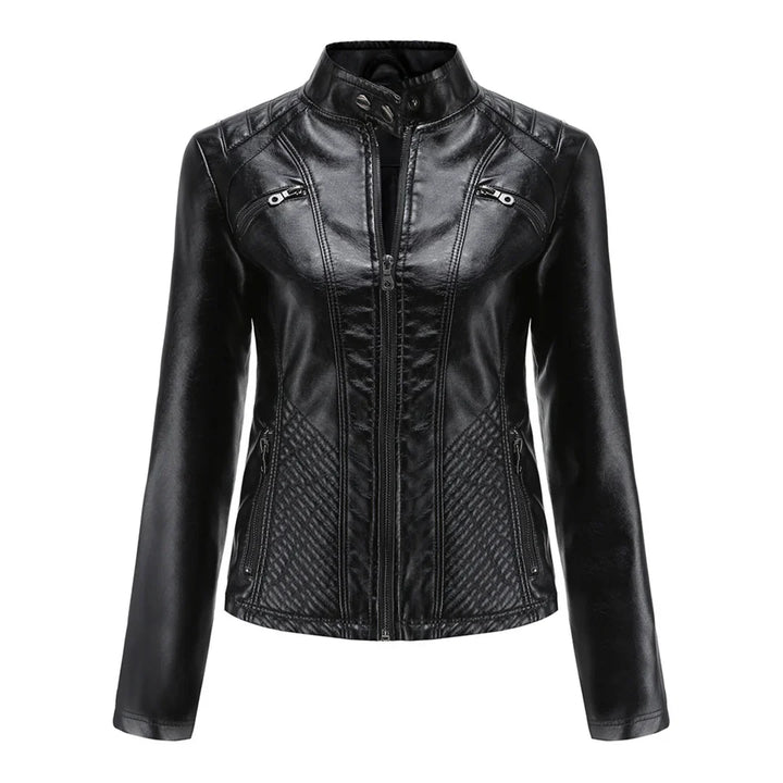 Stylish women's jacket in faux leather with classic biker design