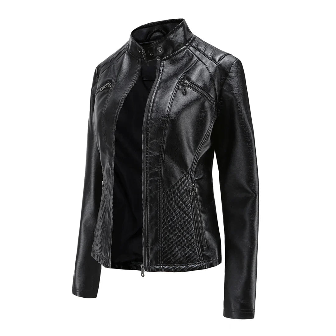 Stylish women's jacket in faux leather with classic biker design