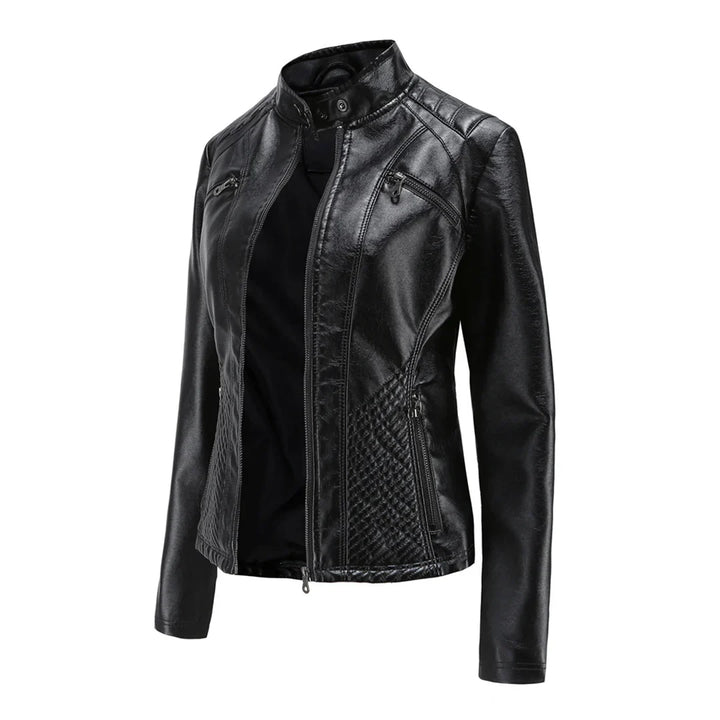 Stylish women's jacket in faux leather with classic biker design