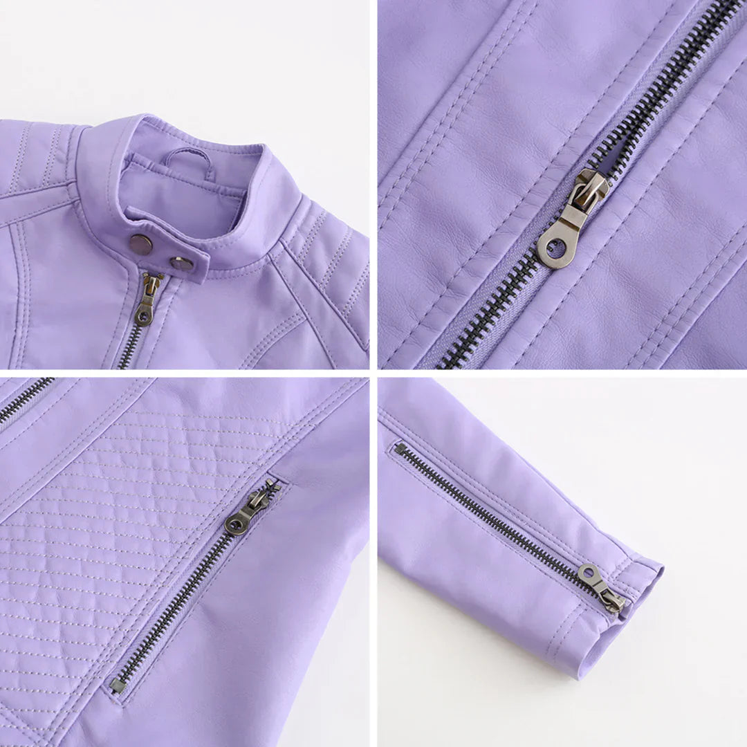 Stylish women's jacket in faux leather with classic biker design