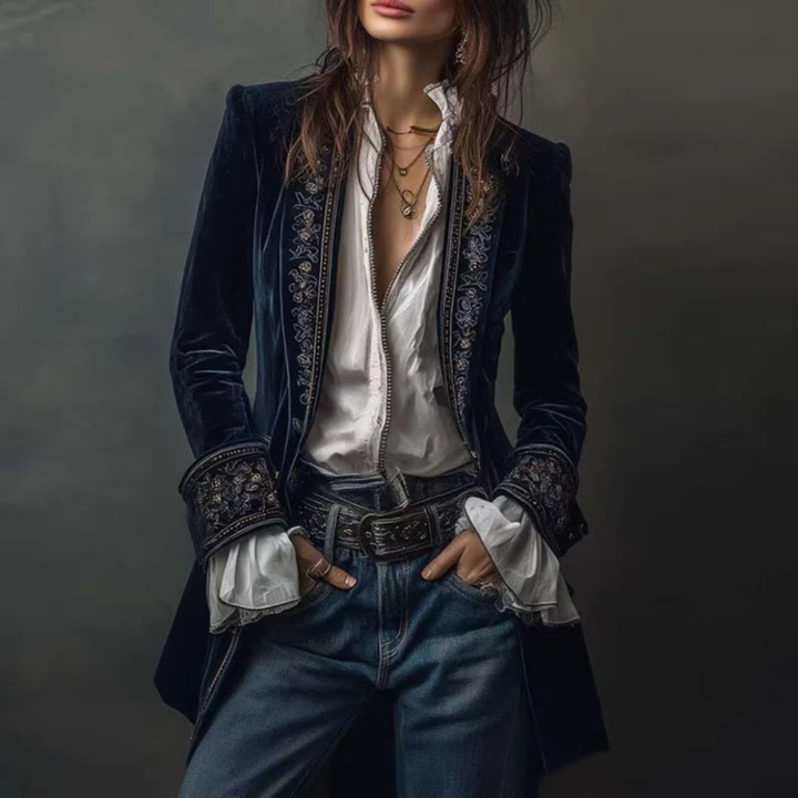 Kvinners Brodert Blazer Lang Jakke