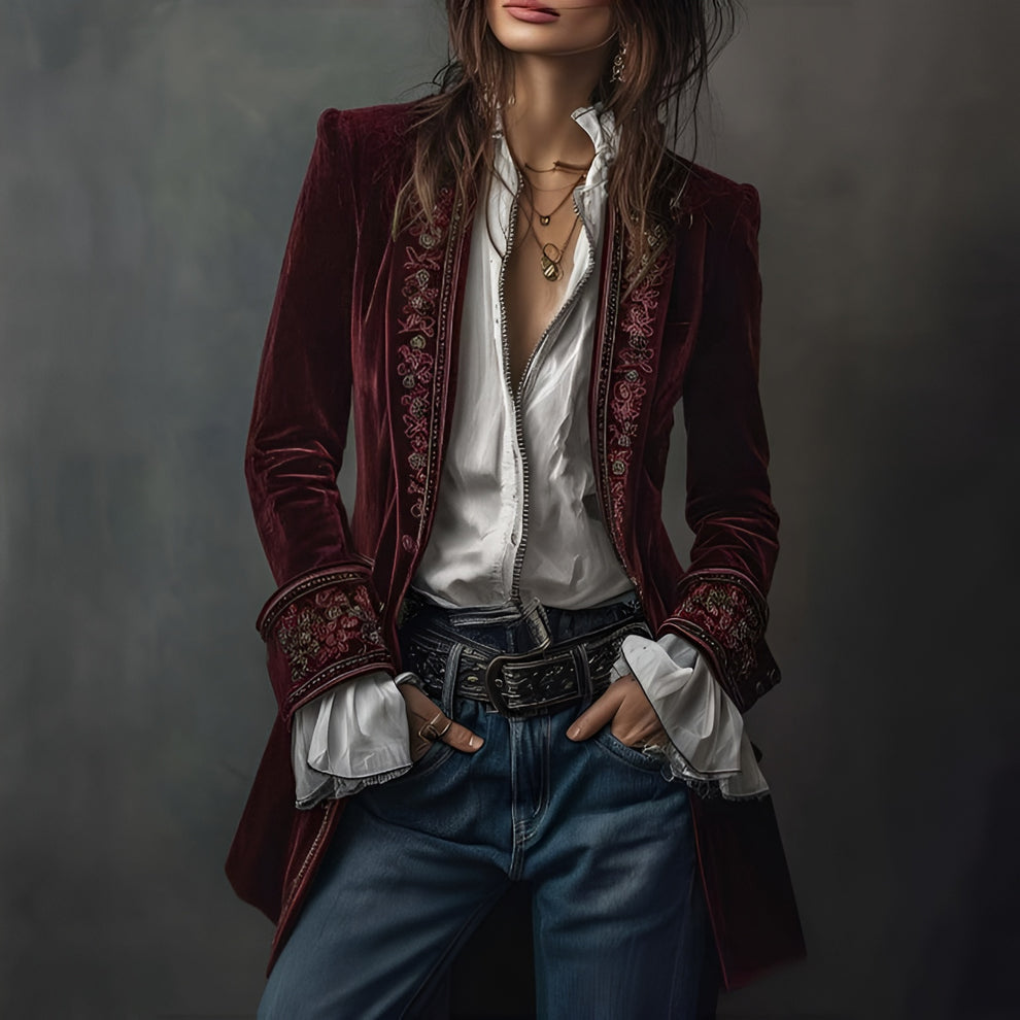 Kvinners Brodert Blazer Lang Jakke