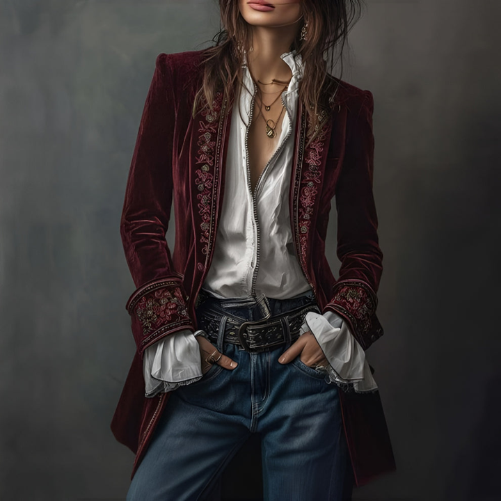 Kvinners Brodert Blazer Lang Jakke
