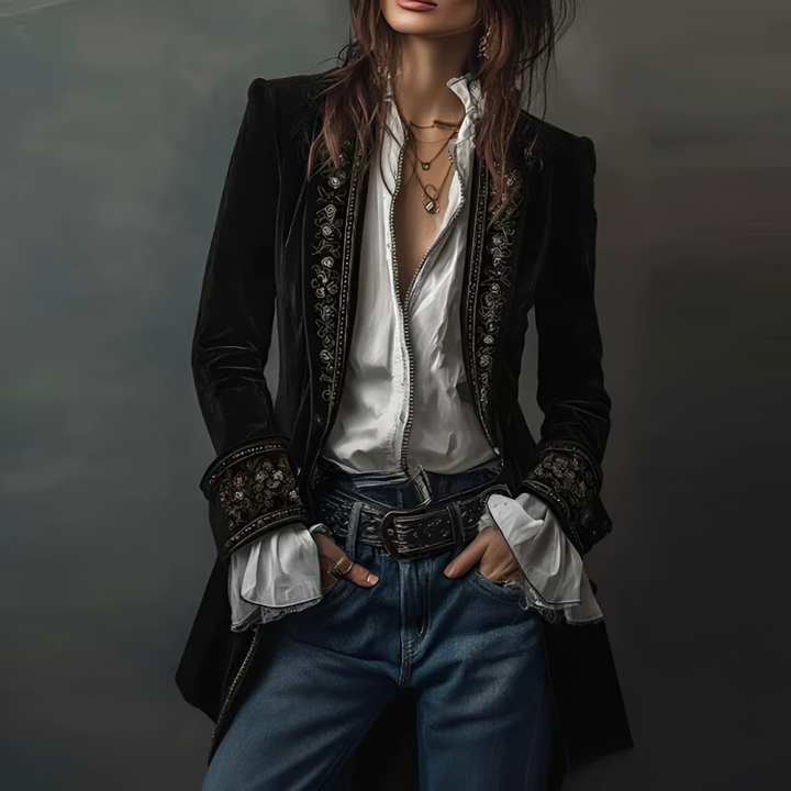 Kvinners Brodert Blazer Lang Jakke