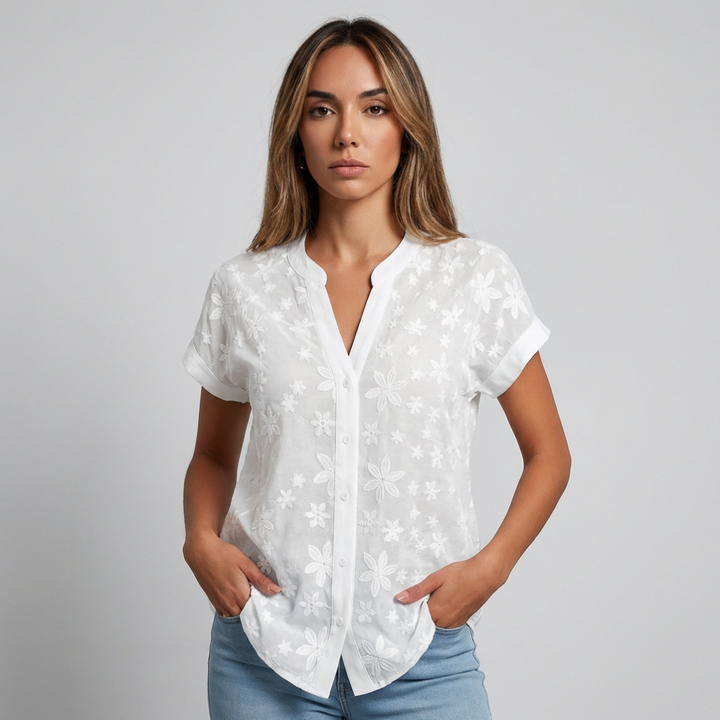 Kortermet bluse med blomsterprint til dame