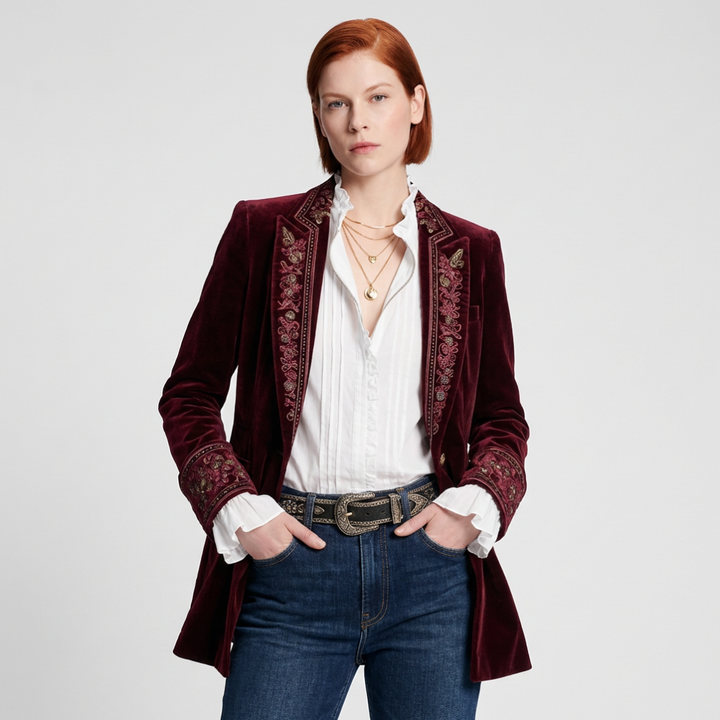 Kvinners Brodert Blazer Lang Jakke