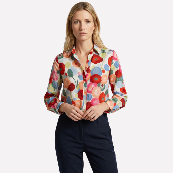 Skjorte med blomstermønster og tegneserietrykk