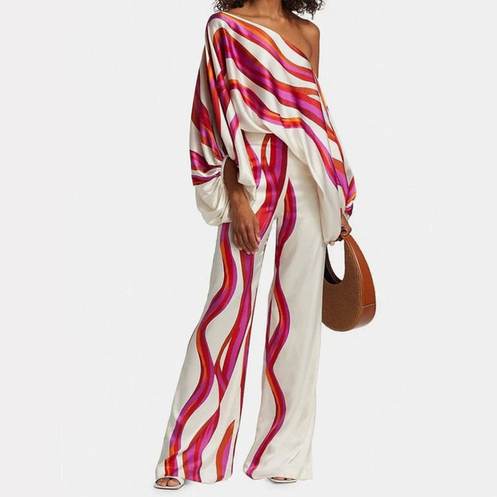 Two-piece satin set for women with off-shoulder style