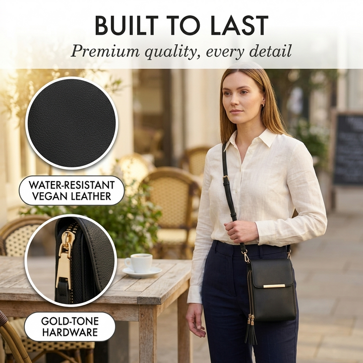 Crossbody-mobilveske med lommebok og berøringsskjermvindu til dame