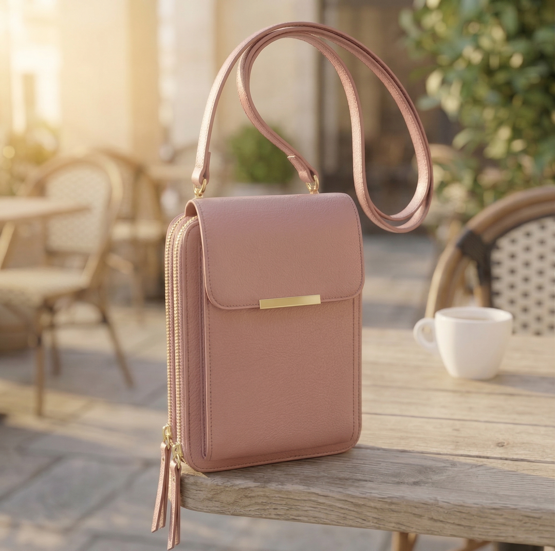 Crossbody-mobilveske med lommebok og berøringsskjermvindu til dame