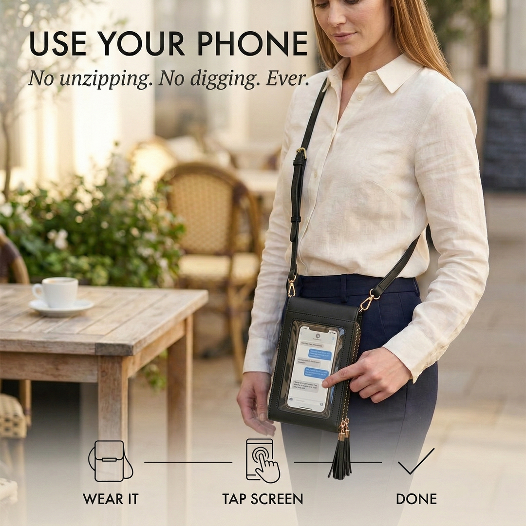 Crossbody-mobilveske med lommebok og berøringsskjermvindu til dame