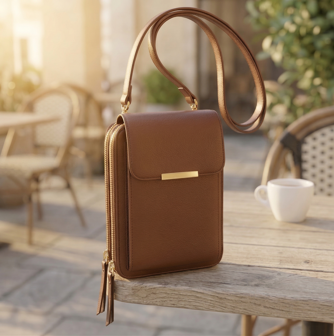 Crossbody-mobilveske med lommebok og berøringsskjermvindu til dame