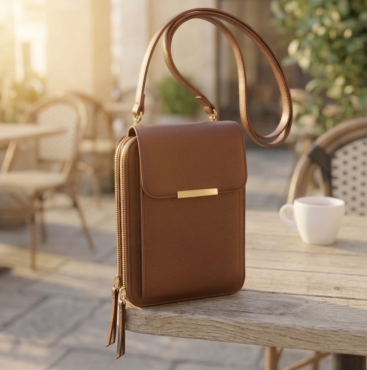 Crossbody-mobilveske med lommebok og berøringsskjermvindu til dame