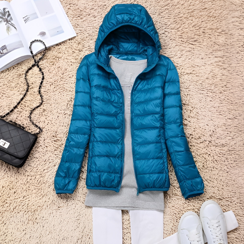 Ultralett, pakkbar dunjakke med hette for kvinner
