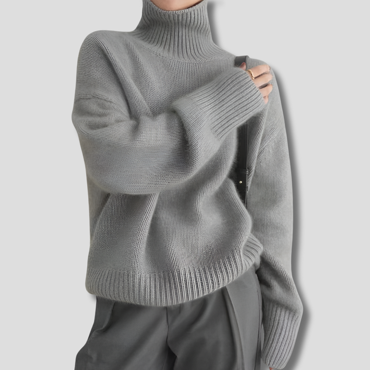 Tykk kasjmirlignende vintergenser med høy krage til dame