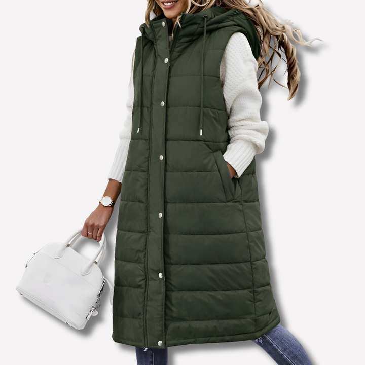 Bodywarmer med lang hette for kvinner
