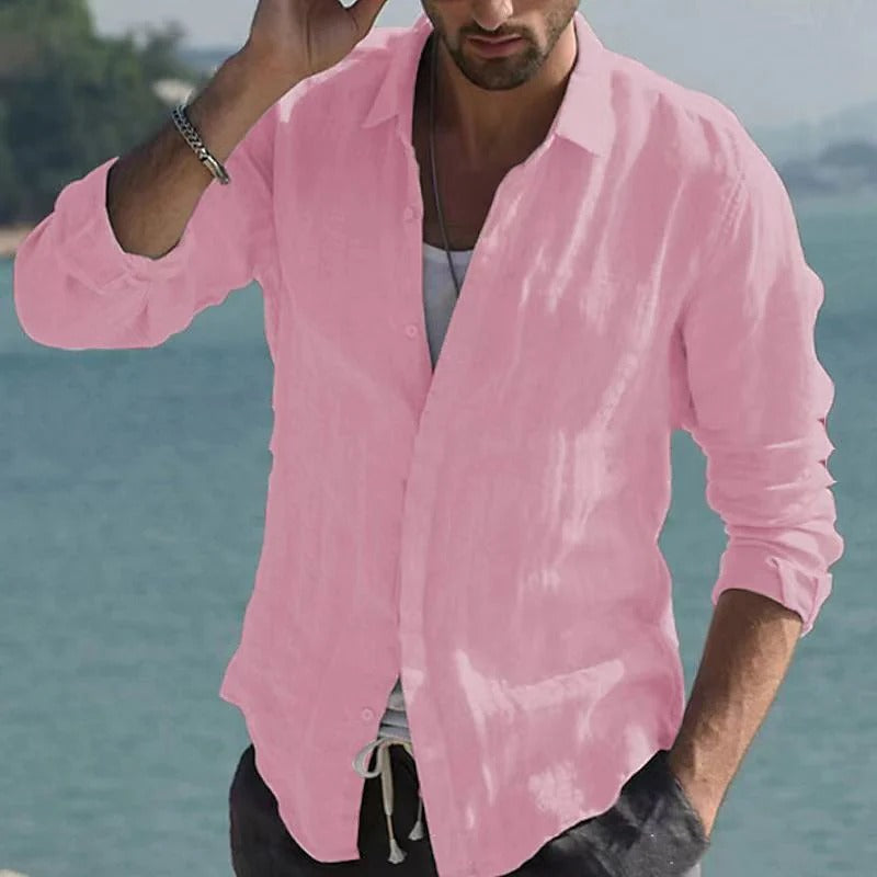Airy Linen Shirt with Wrap Collar for Men