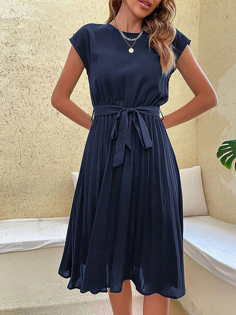 Short-sleeved Pleated Mini Dress with Elegant V-neck