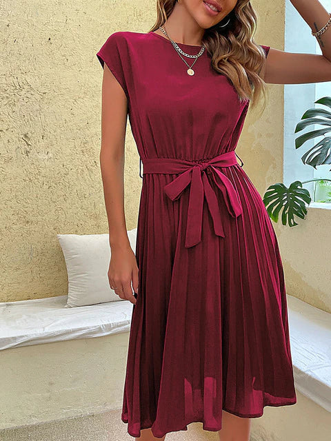 Short-sleeved Pleated Mini Dress with Elegant V-neck