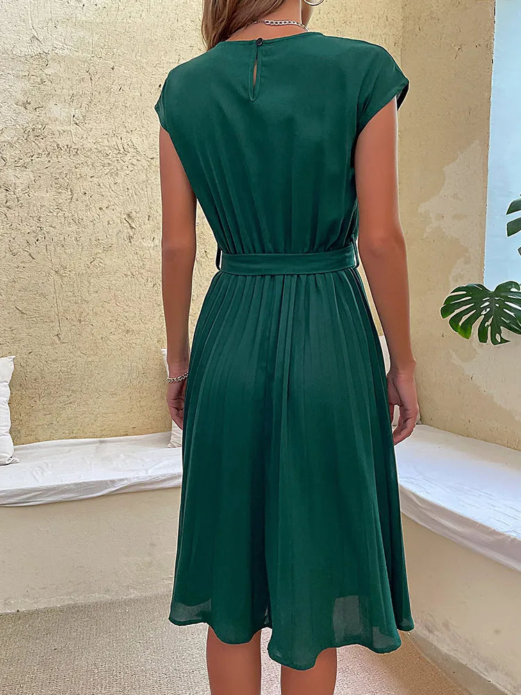 Short-sleeved Pleated Mini Dress with Elegant V-neck