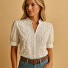 Embroidered white blouse with stand-up collar