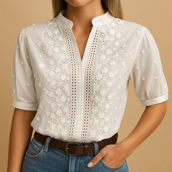 Embroidered white blouse with stand-up collar