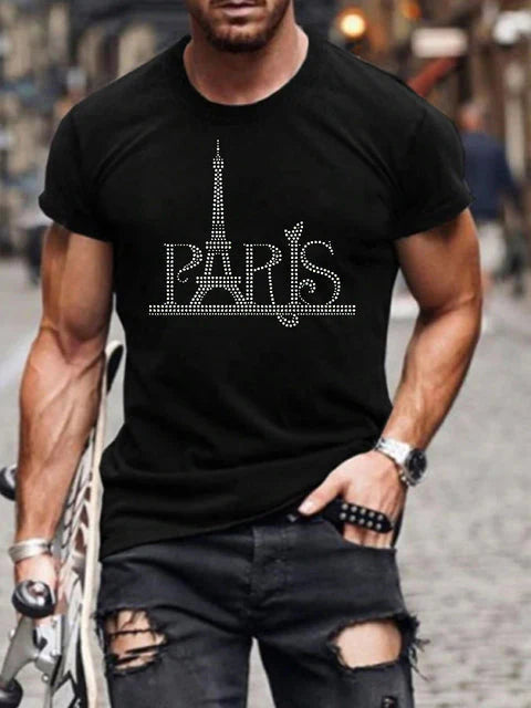 Summer Oversized Men's T-shirt with Round Neck and Rhinestones
