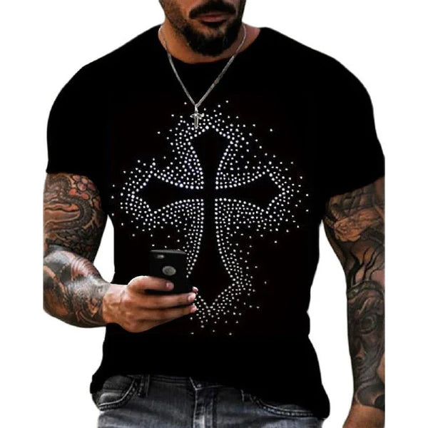 Summer Oversized Men's T-shirt with Round Neck and Rhinestones