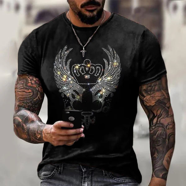 Summer Oversized Men's T-shirt with Round Neck and Rhinestones