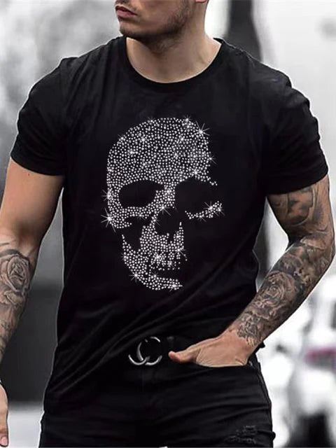 Summer Oversized Men's T-shirt with Round Neck and Rhinestones