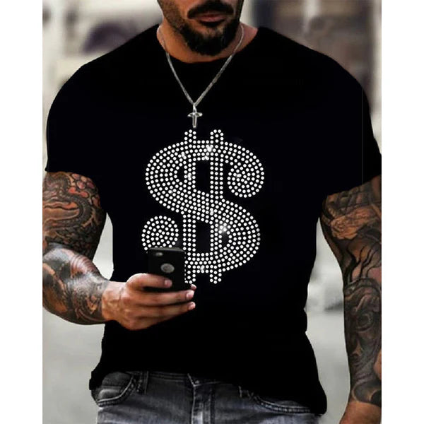 Summer Oversized Men's T-shirt with Round Neck and Rhinestones