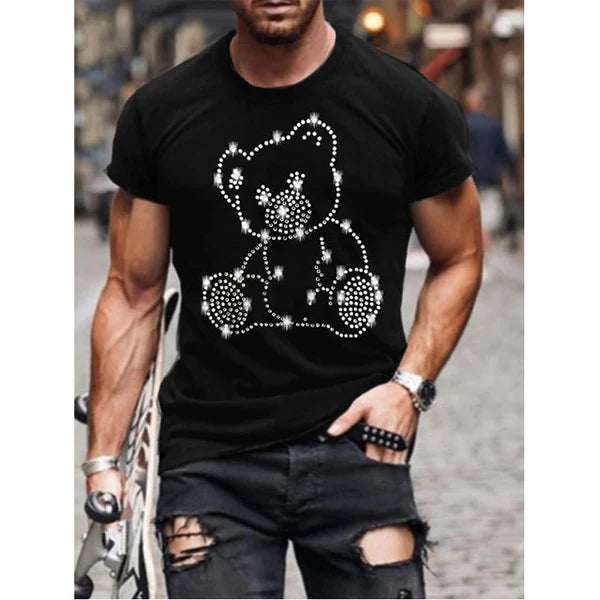 Summer Oversized Men's T-shirt with Round Neck and Rhinestones