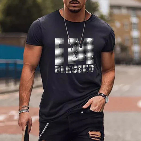 Summer Oversized Men's T-shirt with Round Neck and Rhinestones