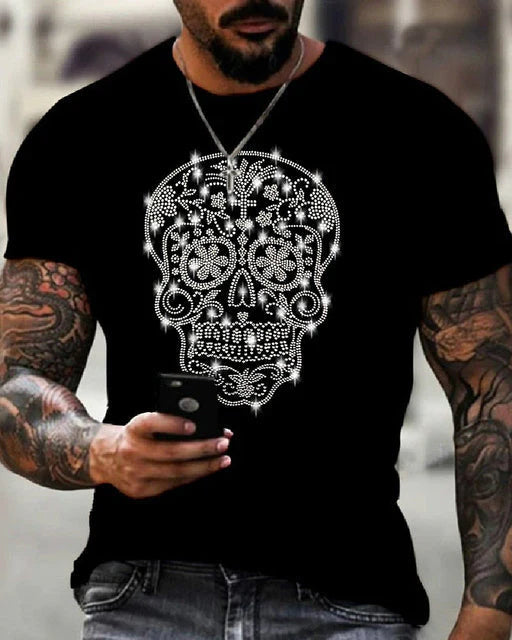 Summer Oversized Men's T-shirt with Round Neck and Rhinestones