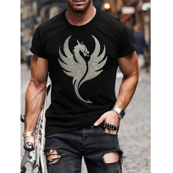 Summer Oversized Men's T-shirt with Round Neck and Rhinestones