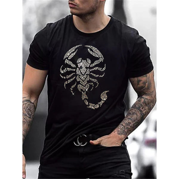 Summer Oversized Men's T-shirt with Round Neck and Rhinestones