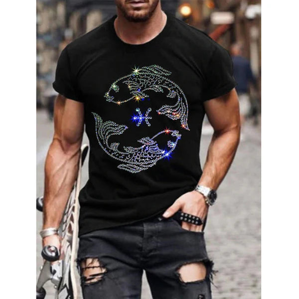 Summer Oversized Men's T-shirt with Round Neck and Rhinestones