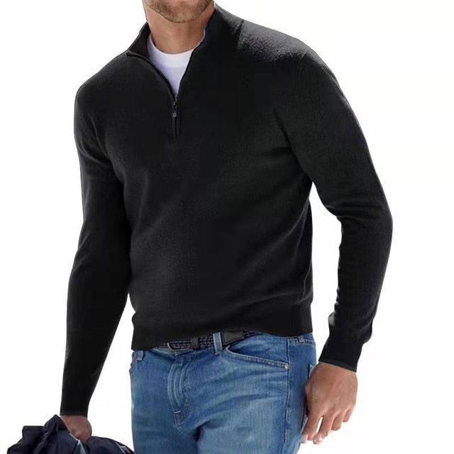 V-hals pullover med glidelås for menn