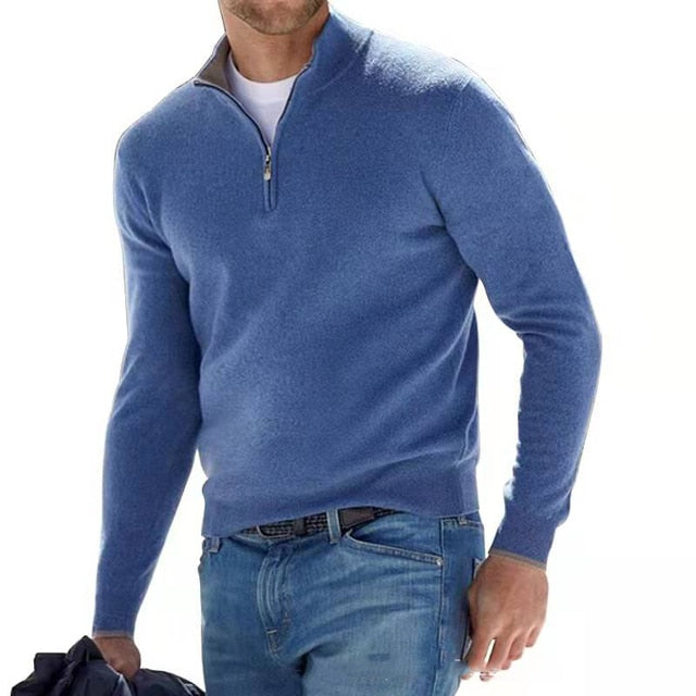 V-hals pullover med glidelås for menn