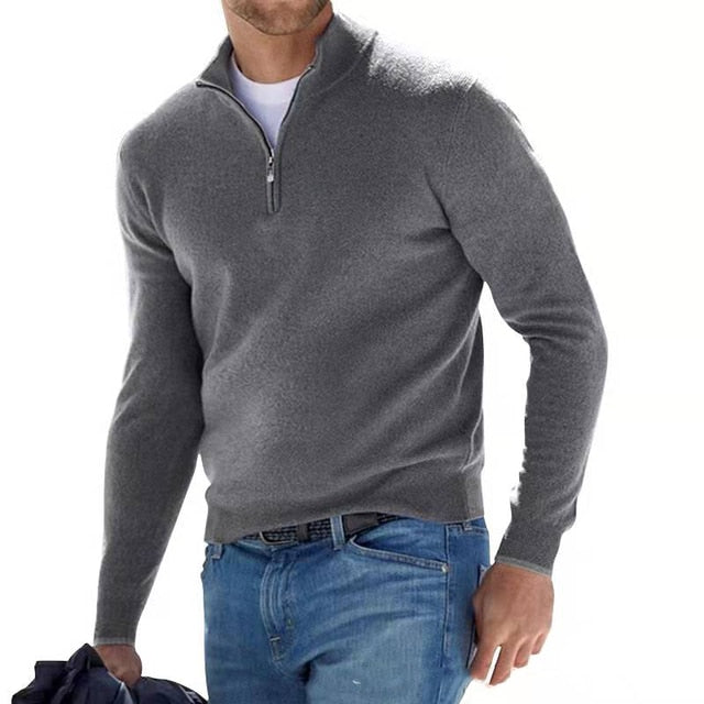 V-hals pullover med glidelås for menn