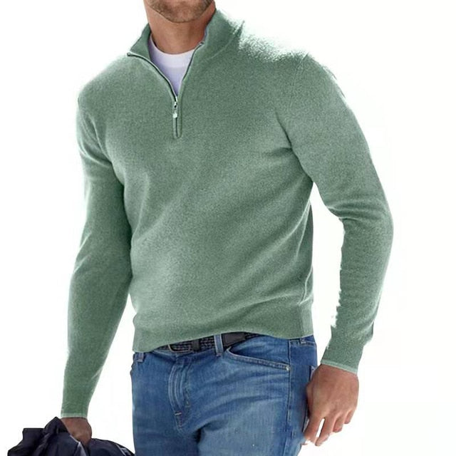 V-hals pullover med glidelås for menn