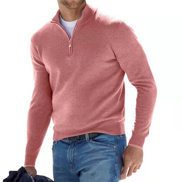 V-hals pullover med glidelås for menn