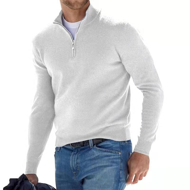 V-hals pullover med glidelås for menn