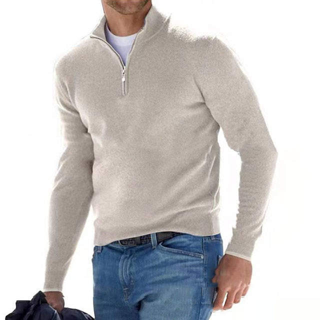V-hals pullover med glidelås for menn