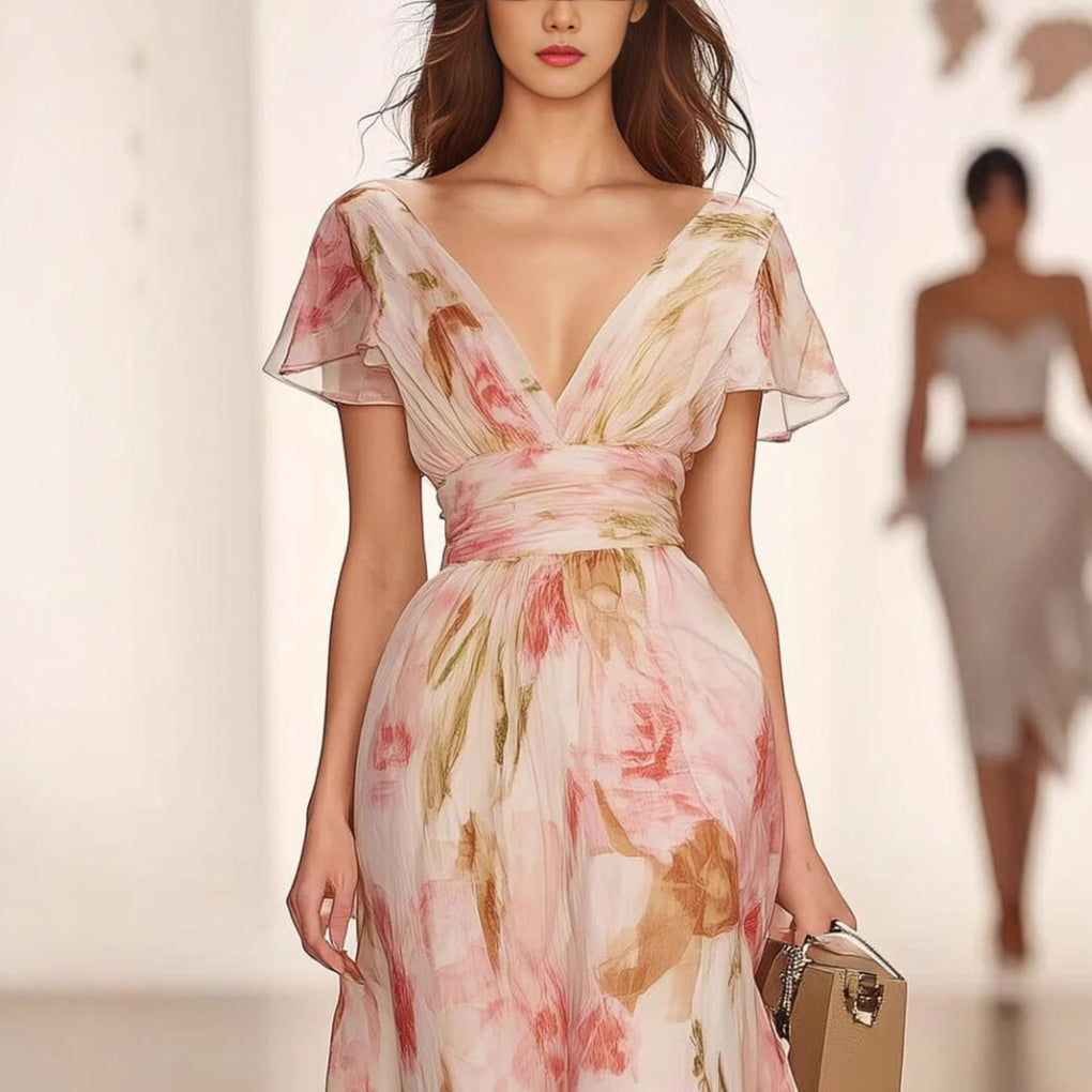 Maxi dress with fluttering sleeves and fit